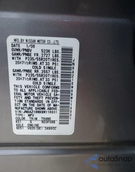 2009 Nissan Murano S z USA, uszkodzony, nr VIN JN8AZ18WX9W116801